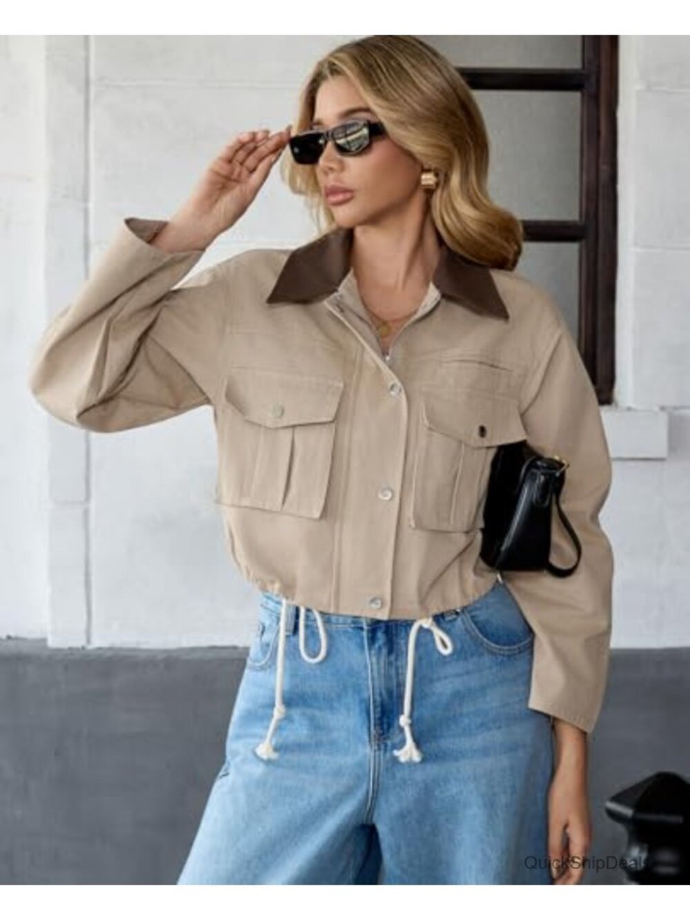 Cropped Cotton Utility Jacket Contrast Collar Button Down Lightweight Cargo Coat - Picture 5 of 6